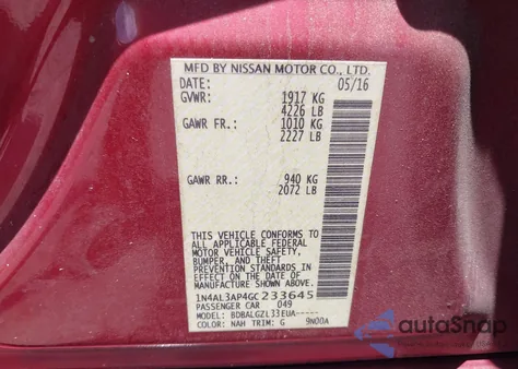 2016 Nissan Altima 2.5/2.5 S/2.5 Sl/2.5 Sr/2.5 Sv z USA, uszkodzony, nr VIN 1N4AL3AP4GC233645